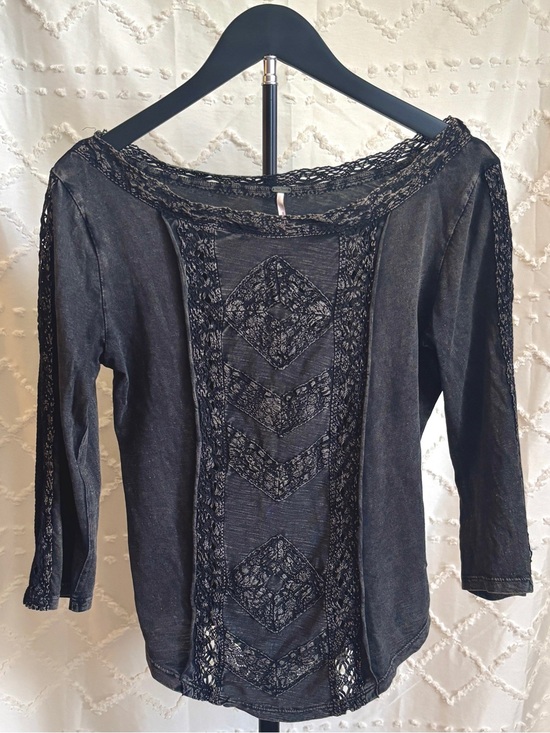 Free People Tops - Free People Black Lace Crochet Boho Top 3/4 Sleeve Washed Knit